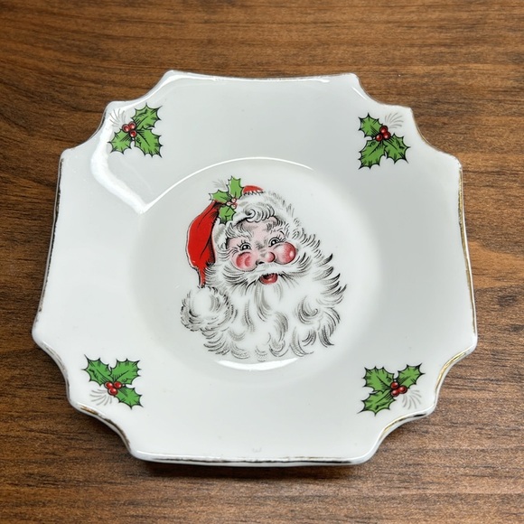 Vintage Bone China Jolly Santa Holly Mistletoe Holiday Christmas Small Dish - Picture 10 of 10